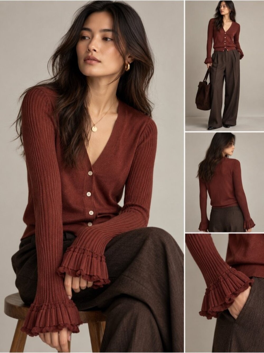 Theory Wool Blend Sheer Sleeve Ruffle Cuff Cardigan Size M Rust Red